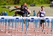16 May 2018; Valentinos Goularas of Marino College, Dublin, competing in the Senior Boys 110m Hurdles event during Day One of the Irish Life Health Leinster Schools Track and Field Championships at Morton Stadium, Swords Rd, in Santry, Dublin.   Photo by Piaras Ó Mídheach/Sportsfile