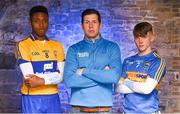 16 May 2018; Clare minor football player, Chiby Okoye, left, Sean Cavanagh and Tipperary minor hurling player, Jonny Ryan, are pictured at the launch of Electric Ireland’s ‘This is Major’ campaign to support its sponsorship of the GAA Minor Championships. Four major GAA legends, Sean Cavanagh, Ollie Canning, Michael Fennelly and Daniel Goulding, have teamed up to form the Electric Ireland Minor Star Awards judging panel to shortlist Minor Player of the Week nominations for both hurling and football throughout the Championship. These Minor players will then go forward to be considered for inclusion on the Minor Hurling and Football teams of the Year which will be unveiled at the Electric Ireland Minor Star Awards in Croke Park in October. Photo by David Fitzgerald/Sportsfile