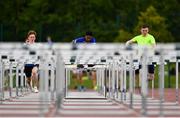 17 May 2018; Cian O Connell of Ballinrobe, left, Samuel Ukaga of St Brigids College Loughrea and Iarlaith Golding of St Colmans Claremorris competing in the Inter Boys 100m Hurdles event during the Irish Life Health Connacht Schools Track and Field event at Athlone I.T., Athlone, Co. Westmeath. Photo by Harry Murphy/Sportsfile