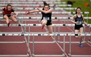 17 May 2018; Ella Mc Daid of Ursuline, Co. Sligo, competing in the Junior Girls 75m Hurdles event during the Irish Life Health Connacht Schools Track and Field event at Athlone I.T., Athlone, Co. Westmeath. Photo by Harry Murphy/Sportsfile