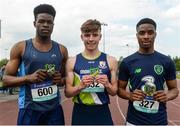 17 May 2018; Aaron Keane of Moate CS, Co. Westmeath, who finished first in the Inter Boys 100m event, centre, with Ben Edeh of St Geralds, Castlebar, left, who finished second, and Anthony Loye of Merlin Park College, Galway, who finished third during the Irish Life Health Connacht Schools Track and Field event at Athlone I.T., Athlone, Co. Westmeath. Photo by Harry Murphy/Sportsfile