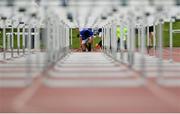 17 May 2018; Samuel Ukaga of St Brigids College Loughrea, Co. Galway, prepares to compete in the Inter Boys 100m Hurdles event during the Irish Life Health Connacht Schools Track and Field event at Athlone I.T., Athlone, Co. Westmeath. Photo by Harry Murphy/Sportsfile