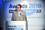 17 May 2018; Damien O’Meara, MC, speaking at the Ulster Bank League Awards 2018 at the Aviva Stadium in Dublin. Irish rugby head coach Joe Schmidt was in attendance to present the awards to the best rugby players and coaches across all divisions of the Ulster Bank League.  Photo by Sam Barnes/Sportsfile