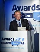 17 May 2018; Norman Ginnelly, Head of Restructuring & Recoveries for Ulster Bank, speaking at the Ulster Bank League Awards 2018 at the Aviva Stadium in Dublin. Irish rugby head coach Joe Schmidt was in attendance to present the awards to the best rugby players and coaches across all divisions of the Ulster Bank League.  Photo by Sam Barnes/Sportsfile