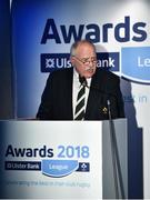 17 May 2018; Philip Orr, President of the IRFU, speaking at the Ulster Bank League Awards 2018 at the Aviva Stadium in Dublin. Irish rugby head coach Joe Schmidt was in attendance to present the awards to the best rugby players and coaches across all divisions of the Ulster Bank League.  Photo by Sam Barnes/Sportsfile