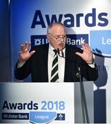17 May 2018; Philip Orr, President of the IRFU, speaking at the Ulster Bank League Awards 2018 at the Aviva Stadium in Dublin. Irish rugby head coach Joe Schmidt was in attendance to present the awards to the best rugby players and coaches across all divisions of the Ulster Bank League.  Photo by Sam Barnes/Sportsfile