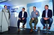 17 May 2018; Ulster Bank Rugby Ambassador, Alan Quinlan, right, with former Irish internationals Mike Ross, left, & Denis Hurley, centre, take part in a Q&A panel discussion with MC Damien O'Meara during the Ulster Bank League Awards at the Aviva Stadium in Dublin. Photo by Sam Barnes/Sportsfile