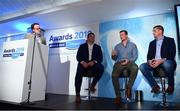 17 May 2018; Ulster Bank Rugby Ambassador, Alan Quinlan, right, with former Irish internationals Mike Ross, left, & Denis Hurley, centre, take part in a Q&A panel discussion with MC Damien O'Meara during the Ulster Bank League Awards at the Aviva Stadium in Dublin. Photo by Sam Barnes/Sportsfile