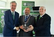 18 May 2018; FAI CEO John Delaney, left, Acting Deputy Lord Mayor and Councillor Thomas Moloney and FAI President Tony Fitzgerald, right, pictured at 2018 the Football Association of Ireland's Festival of Football and AGM Launch at Vertigo, County Hall, Co Cork. Photo by Harry Murphy/Sportsfile