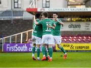 18 May 2018; Jimmy Keohane of Cork City celebrates after scoring his side's first goal with teammates Kieran Sadlier, centre, and Graham Cummins, right, during the SSE Airtricity League Premier Division match between Cork City and Bray Wanderers at Turner's Cross in Cork. Photo by Harry Murphy/Sportsfile