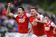 18 May 2018; Kevin Toner of St Patrick's Athletic, right, celebrates after scoring his side's third goal with team mate Lee Desmond during the SSE Airtricity League Premier Division match between St Patrick's Athletic and Derry City at Richmond Park in Dublin. Photo by David Fitzgerald/Sportsfile