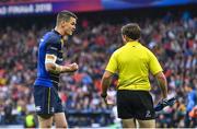 12 May 2018; Jonathan Sexton of Leinster speaks to touch judge JP Doyle during the European Rugby Champions Cup Final match between Leinster and Racing 92 at the San Mames Stadium in Bilbao, Spain. Photo by Brendan Moran/Sportsfile