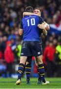 12 May 2018; Luke McGrath of Leinster celebrates with team-mate Jonathan Sexton at the final whistle of the European Rugby Champions Cup Final match between Leinster and Racing 92 at the San Mames Stadium in Bilbao, Spain. Photo by Brendan Moran/Sportsfile