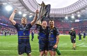 12 May 2018; Leinster players, from left, Jordi Murphy, Tadhg Furlong and Rob Kearney celebrate with the cup after the European Rugby Champions Cup Final match between Leinster and Racing 92 at the San Mames Stadium in Bilbao, Spain. Photo by Brendan Moran/Sportsfile