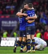 12 May 2018; James Ryan of Leinster celebrates with team-mates Jamison Gibson-Park and Jonathan Sexton at the final whistle of the European Rugby Champions Cup Final match between Leinster and Racing 92 at the San Mames Stadium in Bilbao, Spain. Photo by Brendan Moran/Sportsfile