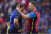 12 May 2018; Sean Cronin of Leinster is attended to by Leinster head physiotherapist Garreth Farrell during the European Rugby Champions Cup Final match between Leinster and Racing 92 at the San Mames Stadium in Bilbao, Spain. Photo by Brendan Moran/Sportsfile
