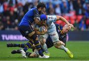 12 May 2018; Wenceslas Lauret of Racing 92 is tackled by Isa Nacewa, left, and Devin Toner of Leinster during the European Rugby Champions Cup Final match between Leinster and Racing 92 at the San Mames Stadium in Bilbao, Spain. Photo by Brendan Moran/Sportsfile