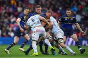 12 May 2018; Jordi Murphy of Leinster is tackled by Wenceslas Lauret and Bernard Le Roux of Racing 92 during the European Rugby Champions Cup Final match between Leinster and Racing 92 at the San Mames Stadium in Bilbao, Spain. Photo by Brendan Moran/Sportsfile