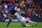 12 May 2018; Dan Leavy of Leinster is tackled by Virimi Vakatawa of Racing 92 during the European Rugby Champions Cup Final match between Leinster and Racing 92 at the San Mames Stadium in Bilbao, Spain. Photo by Brendan Moran/Sportsfile