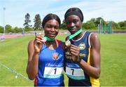 19 May 2018; Inter Girls 100m winner Rhasidat Adeleke of Presentation Terenure, Dublin, right, and second place Patience Jumbo-Gula of St Vincents Dundalk, Co Louth, during Day Two of the Irish Life Health Leinster Schools Track and Field Championships at Morton Stadium in Santry, Dublin. Photo by David Fitzgerald/Sportsfile