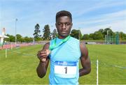 19 May 2018; Israel Olatende of St Mary's Dundalk, Co Louth, after winning the Inter Boys 100m during Day Two of the Irish Life Health Leinster Schools Track and Field Championships at Morton Stadium in Santry, Dublin. Photo by David Fitzgerald/Sportsfile