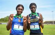 19 May 2018; Rhasidat Adeleke of Presentation Terenure, Co Dublin, right, with her gold medals and Patience Jumbo-Gula of St Vincent's Dundalk, Co Louth, with her silver medals for both the Inter Girls 100m and 200m races during Day Two of the Irish Life Health Leinster Schools Track and Field Championships at Morton Stadium in Santry, Dublin. Photo by David Fitzgerald/Sportsfile