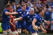 19 May 2018; Jack Conan, right, celebrates with his Leinster team-mates, from left, Jordi Murphy, Luke McGrath and Devin Toner after scoring the opening try during the Guinness PRO14 semi-final match between Leinster and Munster at the RDS Arena in Dublin. Photo by Stephen McCarthy/Sportsfile