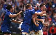 19 May 2018; Jack Conan, right, celebrates with his Leinster team-mates, from left, James Lowe, Jordi Murphy and Devin Toner after scoring the opening try during the Guinness PRO14 semi-final match between Leinster and Munster at the RDS Arena in Dublin. Photo by Stephen McCarthy/Sportsfile