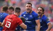 19 May 2018; Jack Conan, centre, and James Lowe of Leinster celebrate winning a scrum penalty during the Guinness PRO14 semi-final match between Leinster and Munster at the RDS Arena in Dublin. Photo by Brendan Moran/Sportsfile