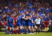 19 May 2018; Leinster players celebrate at the final whistle of the Guinness PRO14 semi-final match between Leinster and Munster at the RDS Arena in Dublin. Photo by Stephen McCarthy/Sportsfile