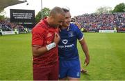 19 May 2018; Simon Zebo of Munster and James Lowe of Leinster following the Guinness PRO14 semi-final match between Leinster and Munster at the RDS Arena in Dublin. Photo by Ramsey Cardy/Sportsfile