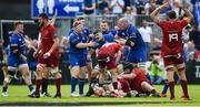 19 May 2018; Leinster players celebrate team-mate Max Deegan, centre, winning a penalty in the final play of the game during the Guinness PRO14 semi-final match between Leinster and Munster at the RDS Arena in Dublin. Photo by Brendan Moran/Sportsfile