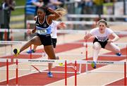 19 May 2018; Oyinkan Adedeji, left, of Coláiste Chiarain, Co. Kildare, and Lucy Sleeman of Col Choilm Ballincollig, Co. Cork, competing in the Junior Girls 75m Hurdles event  at the Irish Life Health Munster Schools Track and Field Championships at Crageens in Castleisland, Co Kerry. Photo by Harry Murphy/Sportsfile