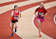 19 May 2018; Holly Carroll, left, of SMGS Blarney, Co. Cork, and Tory Byrne of Villiers, Co. Limerick, competing in the Junior Girls 800m event at the Irish Life Health Munster Schools Track and Field Championships at Crageens in Castleisland, Co Kerry. Photo by Harry Murphy/Sportsfile