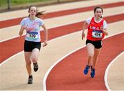 19 May 2018; Aniela Borkowska, left, of St Marys Mallow, Co. Cork, and Holly Carroll of SMGS Blarney, Co. Cork, competing in the Junior Girls 800m event at the Irish Life Health Munster Schools Track and Field Championships at Crageens in Castleisland, Co Kerry. Photo by Harry Murphy/Sportsfile