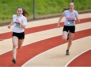 19 May 2018; Saoirse Allen, left, of Mercy Waterford, Co. Waterford, and Aniela Borkowska of St Marys Mallow, Co. Cork, competing in the Junior Girls 800m event at the Irish Life Health Munster Schools Track and Field Championships at Crageens in Castleisland, Co Kerry. Photo by Harry Murphy/Sportsfile