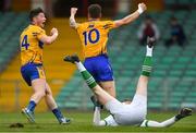 19 May 2018; Kieran Malone of Clare, right, celebrates scoring his side's first goal past Limerick goalkeeper Donal O'Sullivan with team-mate Keelan Sexton during the Munster GAA Football Senior Championship Quarter-Final match between Limerick and Clare at the Gaelic Grounds in Limerick. Photo by Piaras Ó Mídheach/Sportsfile