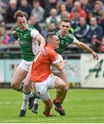 19 May 2018; Mark Shields of Armagh in action against Conal Jones and Lee Cullen of Fermanagh during the Ulster GAA Football Senior Championship Quarter-Final match between Fermanagh and Armagh at Brewster Park in Enniskillen, Fermanagh. Photo by Oliver McVeigh/Sportsfile
