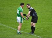 19 May 2018; Referee Noel Mooney explains his decision to Peter Nash of Limerick before showing him the black card during the Munster GAA Football Senior Championship Quarter-Final match between Limerick and Clare at the Gaelic Grounds in Limerick. Photo by Piaras Ó Mídheach/Sportsfile
