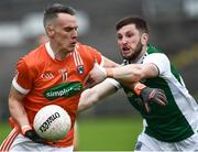 19 May 2018; Mark Shields of Armagh in action against Daniel Teague of Fermanagh during the Ulster GAA Football Senior Championship Quarter-Final match between Fermanagh and Armagh at Brewster Park in Enniskillen, Fermanagh. Photo by Oliver McVeigh/Sportsfile