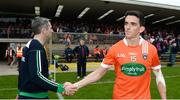 19 May 2018; Fermanagh Manager Rory Gallagher shakes hands with a dejected Rory Grugan of Armagh after the Ulster GAA Football Senior Championship Quarter-Final match between Fermanagh and Armagh at Brewster Park in Enniskillen, Fermanagh. Photo by Oliver McVeigh/Sportsfile