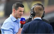 19 May 2018; Jonathan Sexton of Leinster speaks to Sky Sports at half-time of the Guinness PRO14 semi-final match between Leinster and Munster at the RDS Arena in Dublin. Photo by Brendan Moran/Sportsfile