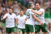 20 May 2018; Alan Browne, right, is congratulated by his Republic of Ireland XI team-mate Jonathan Walters after scoring his side's first goal during Scott Brown's testimonial match between Celtic and Republic of Ireland XI at Celtic Park in Glasgow, Scotland. Photo by Stephen McCarthy/Sportsfile