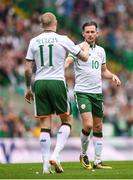 20 May 2018; Alan Browne, right, is congratulated by his Republic of Ireland XI team-mate James McClean after scoring his side's first goal during Scott Brown's testimonial match between Celtic and Republic of Ireland XI at Celtic Park in Glasgow, Scotland. Photo by Stephen McCarthy/Sportsfile
