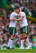 20 May 2018; Callum O'Dowda, right, is congratulated by his Republic of Ireland XI team-mate Seamus Coleman after scoring his side's second goal during Scott Brown's testimonial match between Celtic and Republic of Ireland XI at Celtic Park in Glasgow, Scotland. Photo by Stephen McCarthy/Sportsfile