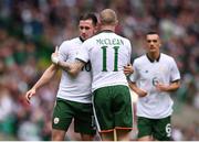 20 May 2018; Alan Browne, left, is congratulated by his Republic of Ireland XI team-mate James McClean after scoring his side's first goal during Scott Brown's testimonial match between Celtic and Republic of Ireland XI at Celtic Park in Glasgow, Scotland. Photo by Stephen McCarthy/Sportsfile