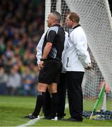 20 May 2018; Referee James McGrath talks to two of his umpires during the Munster GAA Hurling Senior Championship Round 1 match between Limerick and Tipperary at the Gaelic Grounds in Limerick. Photo by Ray McManus/Sportsfile