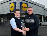 21 May 2018; The Lidl/Irish Daily Star Manager of the Month for April was announced today as Mayo’s Peter Leahy. Under Peter’s stewardship, Mayo beat 2017 winners Cork to qualify for the recent Lidl National League Division 1 final against Dublin. Pictured is Peter Leahy, who was presented with his award by Lidl Mullingar Store Manager Tony Kelly at Lidl in Mullingar, Co Westmeath. Photo by Harry Murphy/Sportsfile