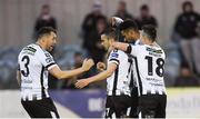 21 May 2018; Dundalk players, from left, Brian Gartland, Michael Duffy, Marco Tagbajumi, and Robbie Benson celebrate their second goal scored by Tagbajumi during the SSE Airtricity League Premier Division match between Dundalk and Waterford at Oriel Park in Dundalk. Photo by Piaras Ó Mídheach/Sportsfile