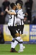 21 May 2018; Marco Tagbajumi of Dundalk, left, celebrates scoring his side's second goal with team-mate Michael Duffy during the SSE Airtricity League Premier Division match between Dundalk and Waterford at Oriel Park in Dundalk. Photo by Piaras Ó Mídheach/Sportsfile